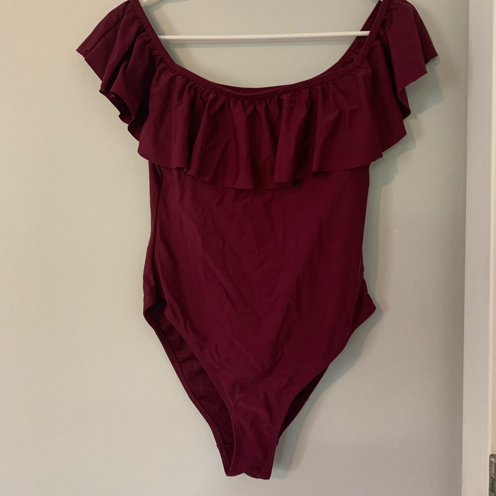 Off Shoulder Burgundy One Piece Swim Suit